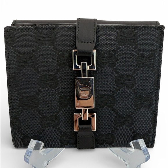 Gucci Handbags - Gucci Vintage GG Canvas Black Leather Piston Clasp Bifold Wallet Made in Italy